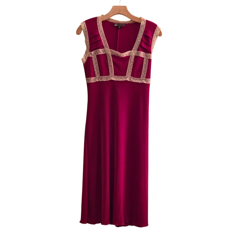 Y2K Hot Kiss Pink Lace Trim Empire Waist Midi Dress Coquette Fairycore Sz S - Picture 3 of 9